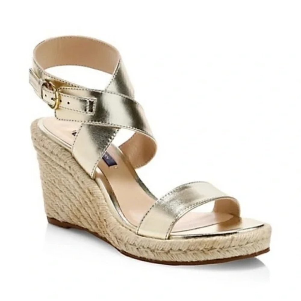 New Stuart Weitzman Lexia Gold Metallic Leather Espadrille Wedge Sandals 7 US - Picture 3 of 7